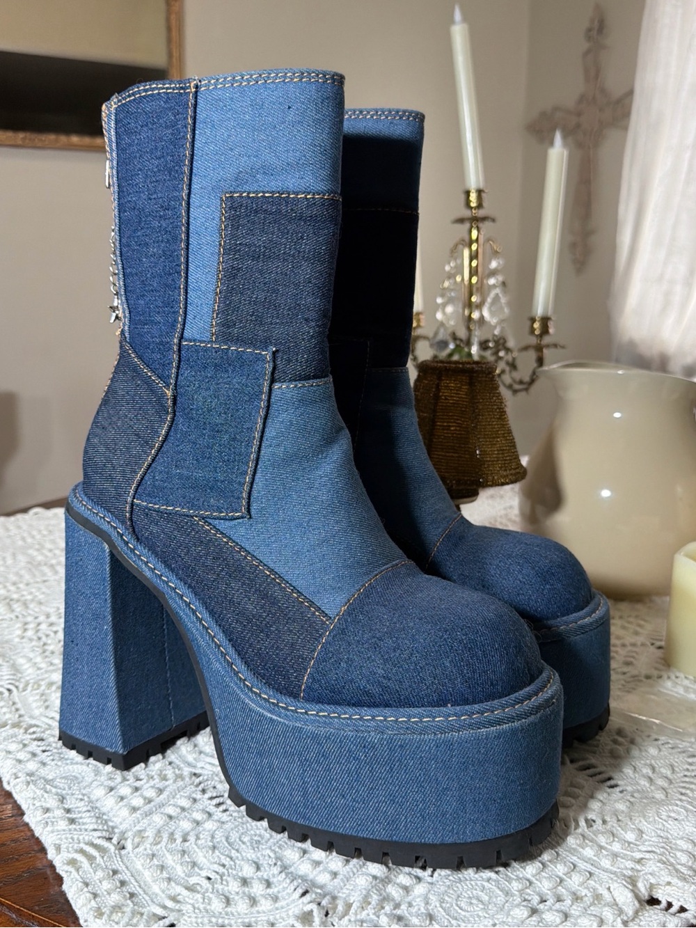 Dolls Kill Patchwork Blue Denim Platform Ankle Boots